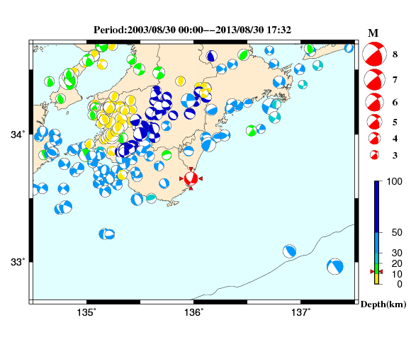 過去に起きた地震の初動発震機構解