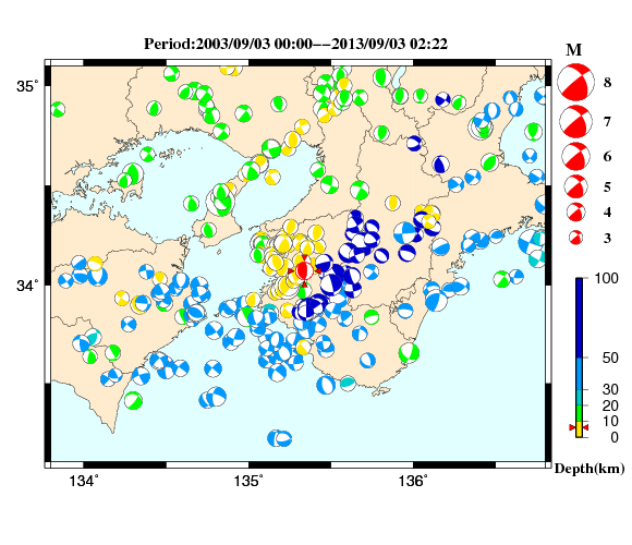 過去に起きた地震の初動発震機構解