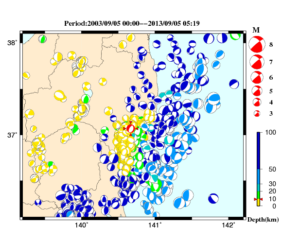 過去に起きた地震の初動発震機構解