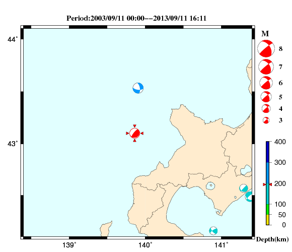 過去に起きた地震の初動発震機構解