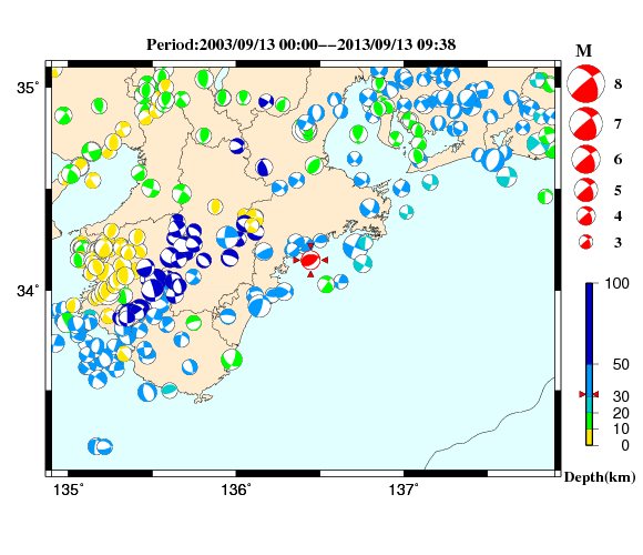 過去に起きた地震の初動発震機構解