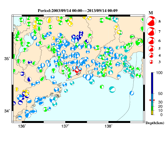 過去に起きた地震の初動発震機構解