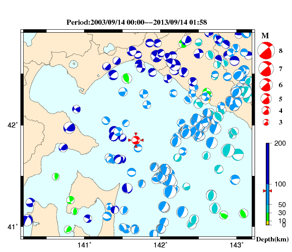 過去に起きた地震の初動発震機構解