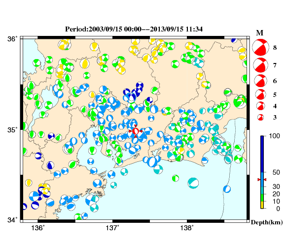過去に起きた地震の初動発震機構解