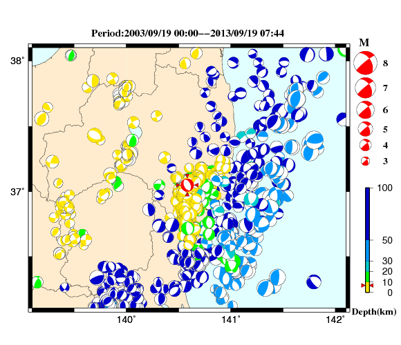 過去に起きた地震の初動発震機構解