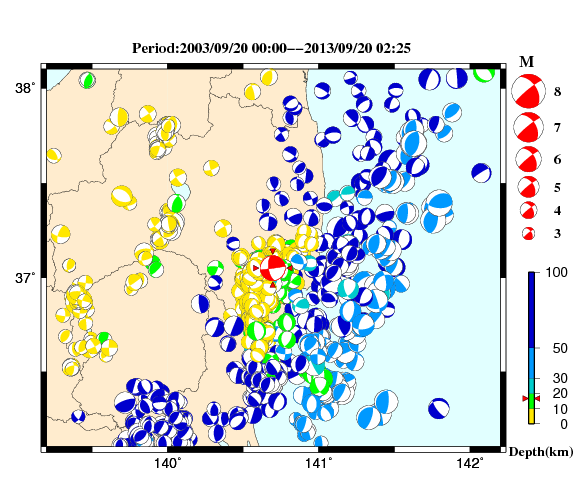 過去に起きた地震の初動発震機構解