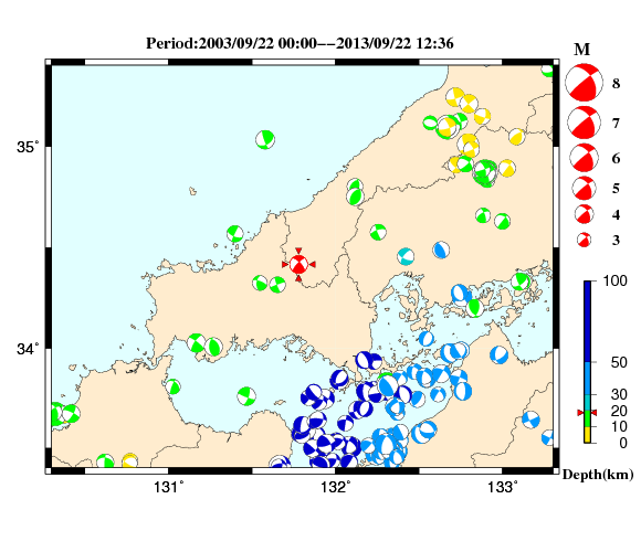 過去に起きた地震の初動発震機構解