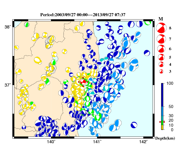 過去に起きた地震の初動発震機構解
