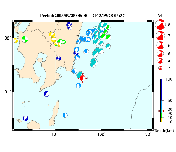 過去に起きた地震の初動発震機構解