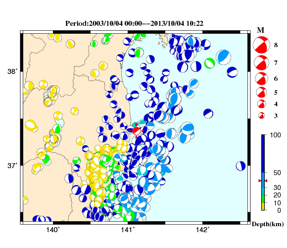 過去に起きた地震の初動発震機構解