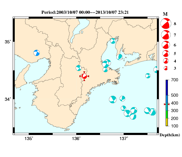 過去に起きた地震の初動発震機構解