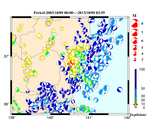 過去に起きた地震の初動発震機構解