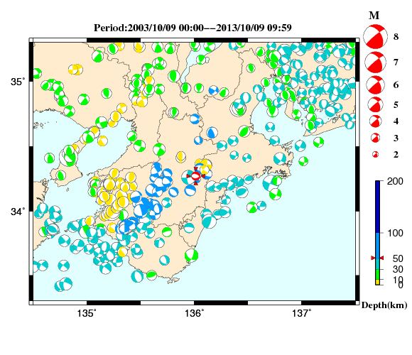 過去に起きた地震の初動発震機構解