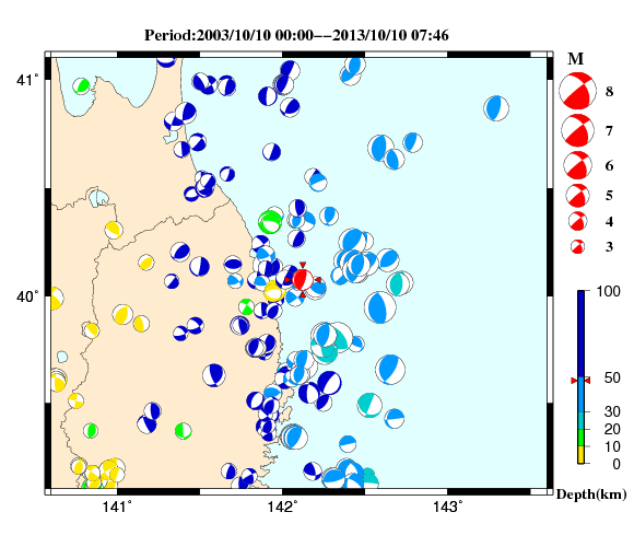 過去に起きた地震の初動発震機構解