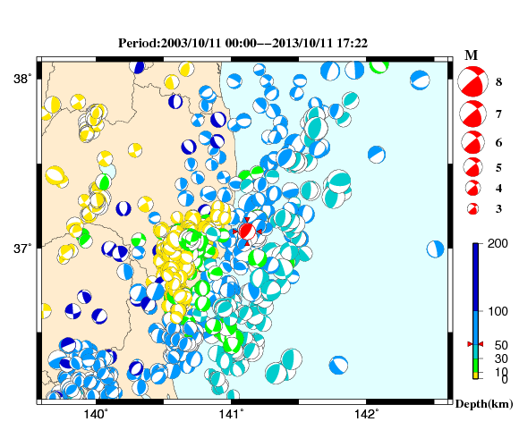 過去に起きた地震の初動発震機構解