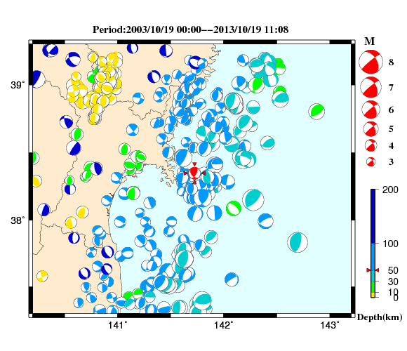 過去に起きた地震の初動発震機構解