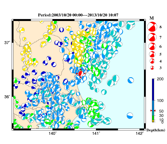過去に起きた地震の初動発震機構解