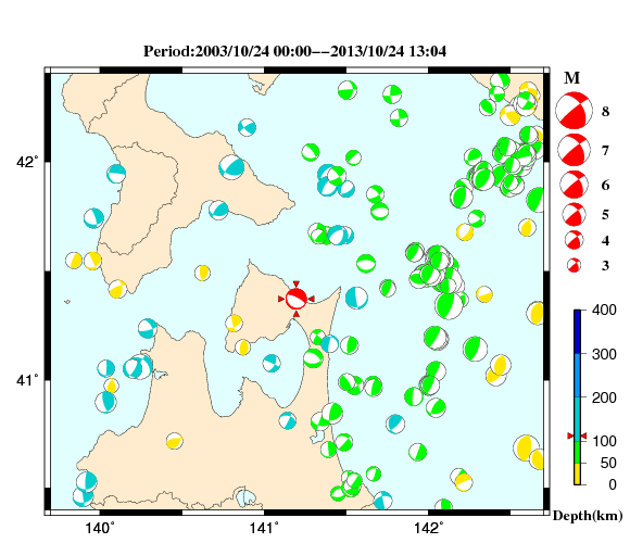 過去に起きた地震の初動発震機構解