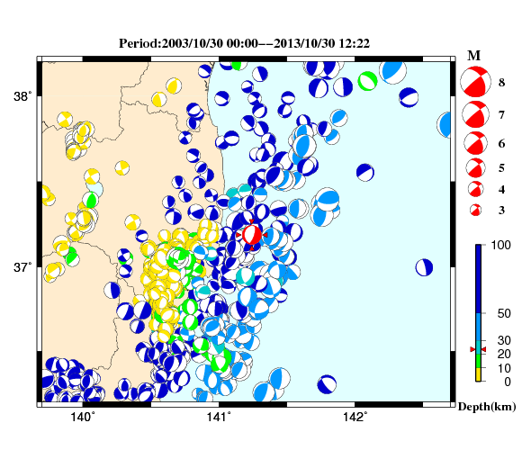 過去に起きた地震の初動発震機構解