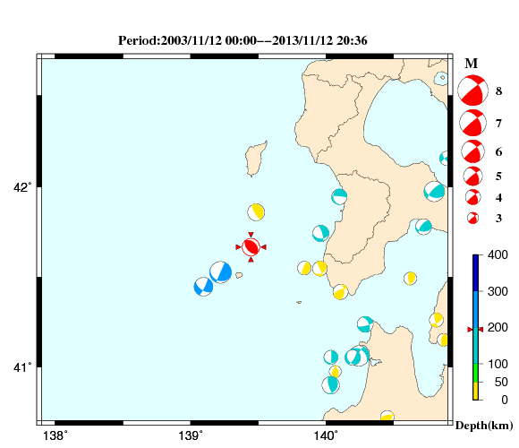 過去に起きた地震の初動発震機構解