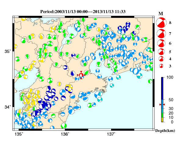 過去に起きた地震の初動発震機構解