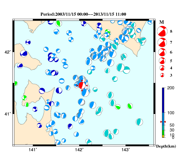 過去に起きた地震の初動発震機構解