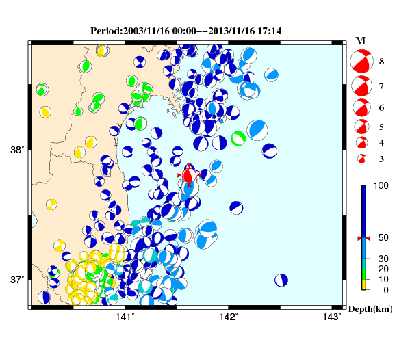 過去に起きた地震の初動発震機構解