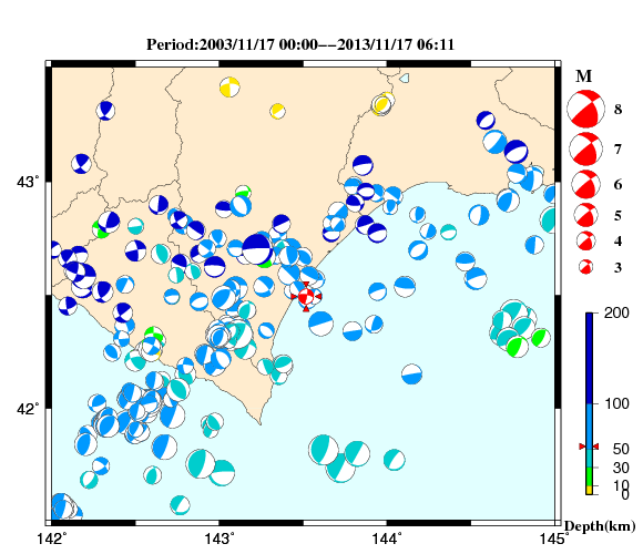 過去に起きた地震の初動発震機構解
