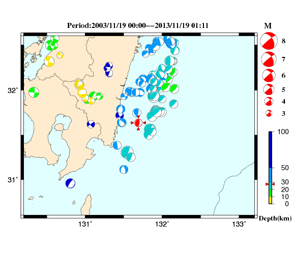 過去に起きた地震の初動発震機構解