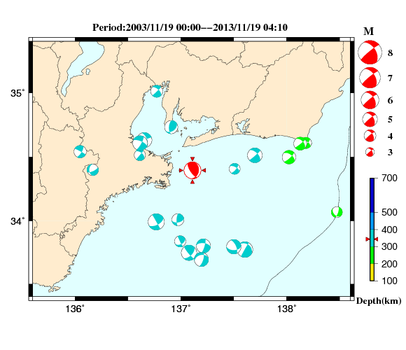 過去に起きた地震の初動発震機構解