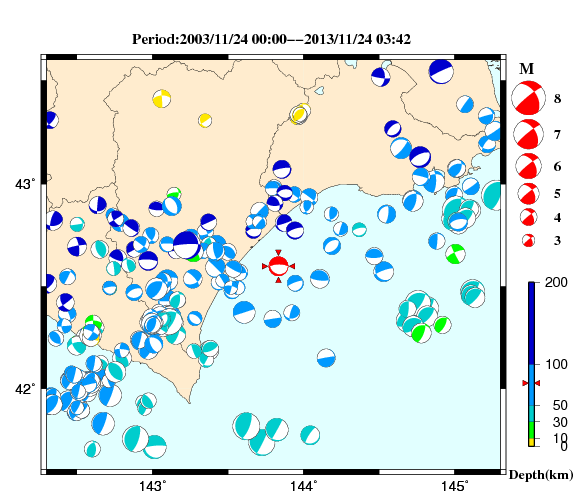 過去に起きた地震の初動発震機構解