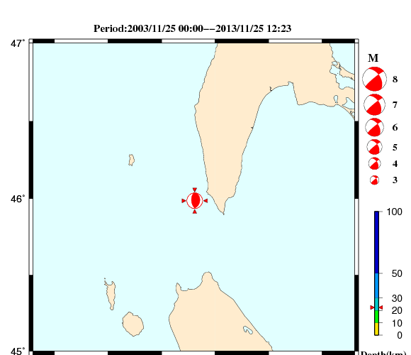 過去に起きた地震の初動発震機構解