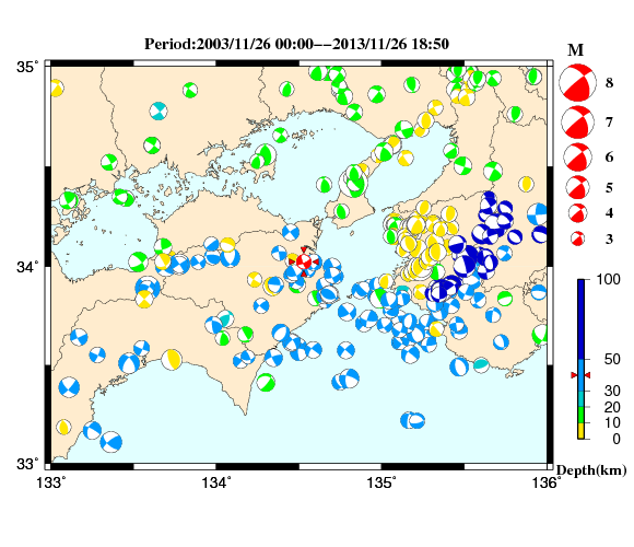 過去に起きた地震の初動発震機構解