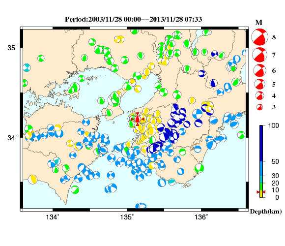 過去に起きた地震の初動発震機構解