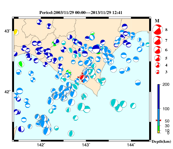 過去に起きた地震の初動発震機構解
