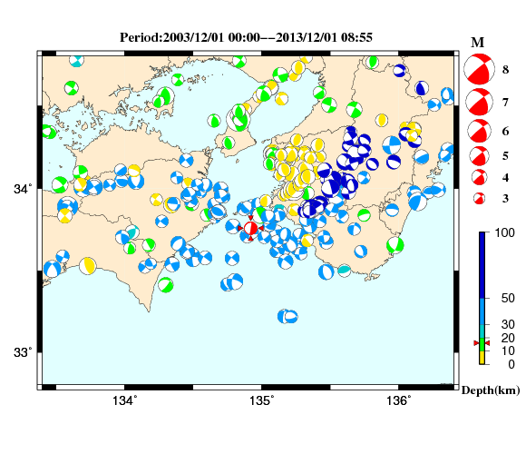 過去に起きた地震の初動発震機構解