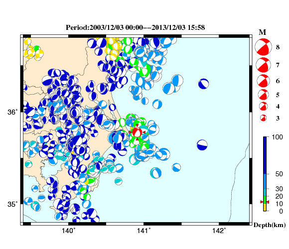 過去に起きた地震の初動発震機構解