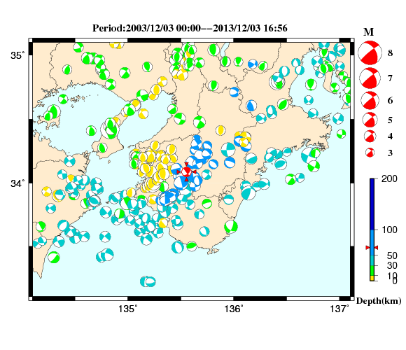過去に起きた地震の初動発震機構解