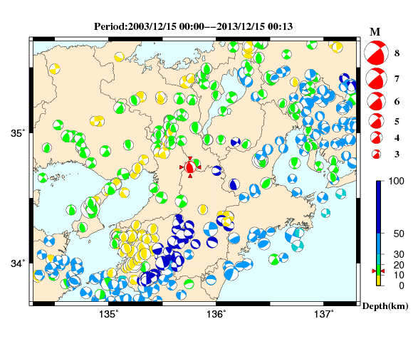 過去に起きた地震の初動発震機構解