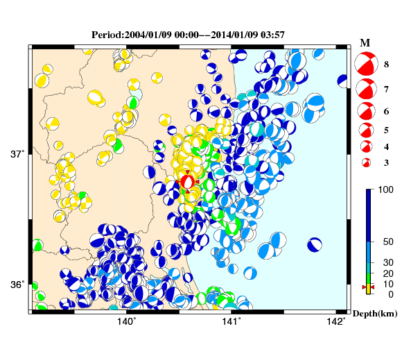 過去に起きた地震の初動発震機構解