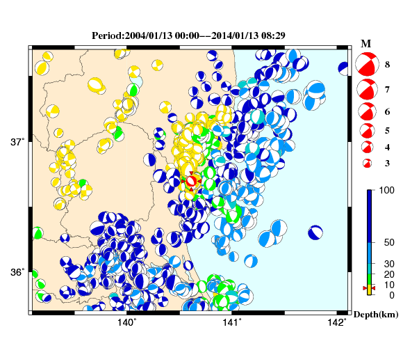 過去に起きた地震の初動発震機構解