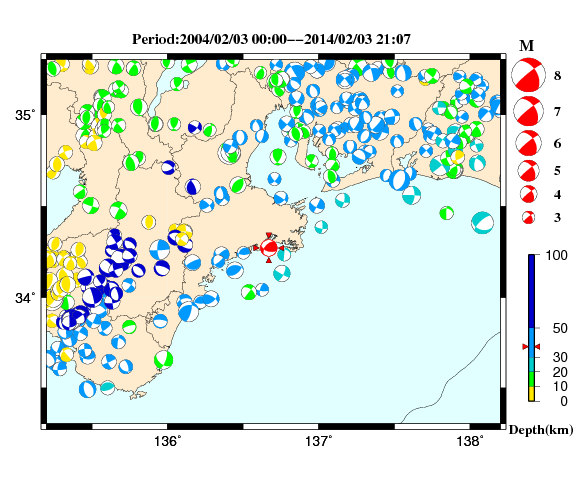 過去に起きた地震の初動発震機構解
