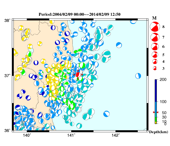 過去に起きた地震の初動発震機構解