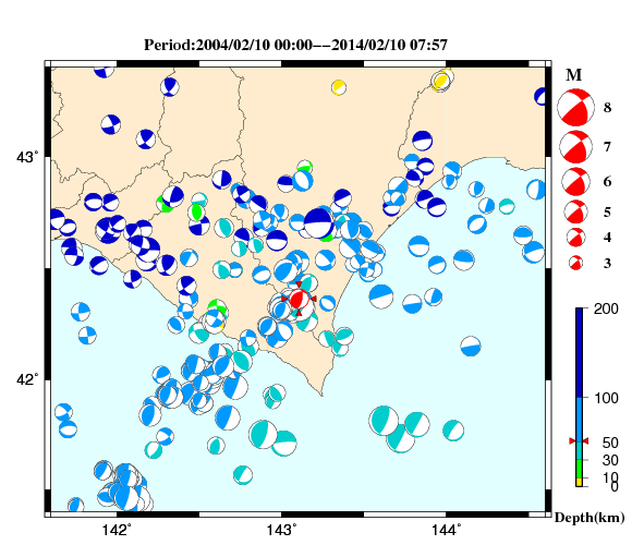 過去に起きた地震の初動発震機構解