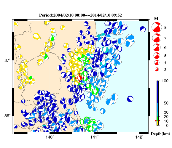 過去に起きた地震の初動発震機構解