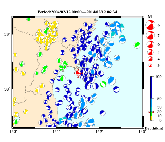 過去に起きた地震の初動発震機構解
