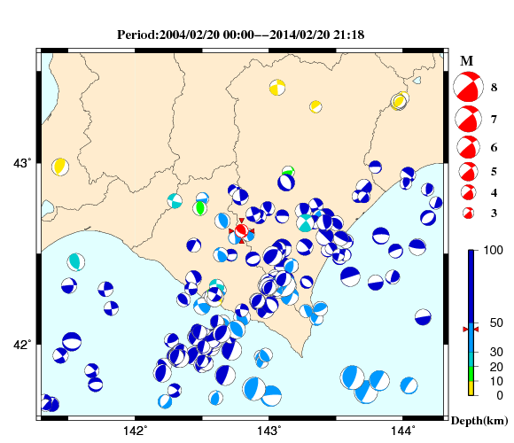 過去に起きた地震の初動発震機構解