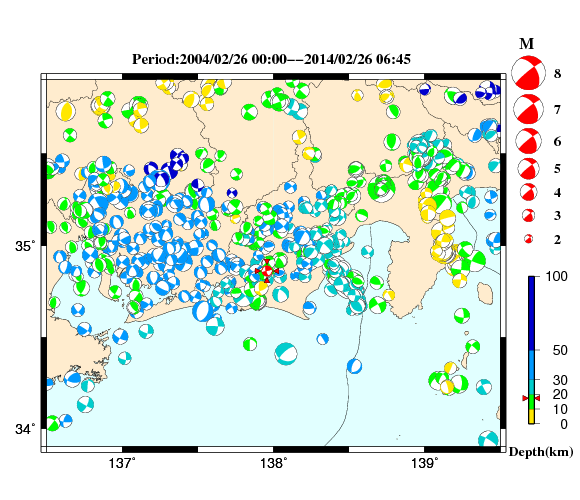 過去に起きた地震の初動発震機構解