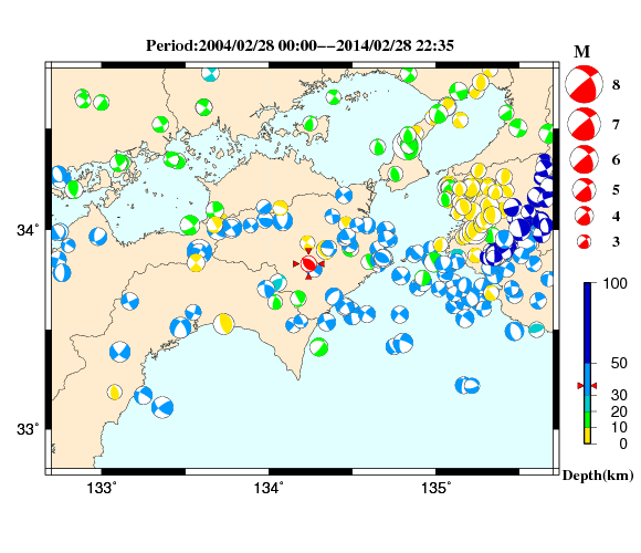 過去に起きた地震の初動発震機構解