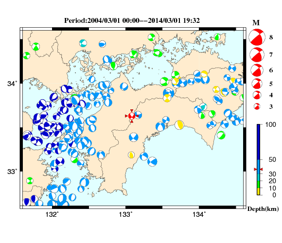 過去に起きた地震の初動発震機構解